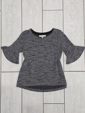 LOFT Herringbone Black and White Bell Sleeve Scoop Neck Sweater Top